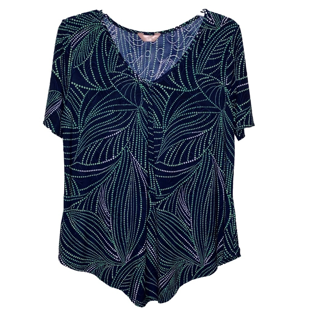 Women's SJS Drape Short Sleeve Blouse with Blue/Black and Green Leaf Design 1X